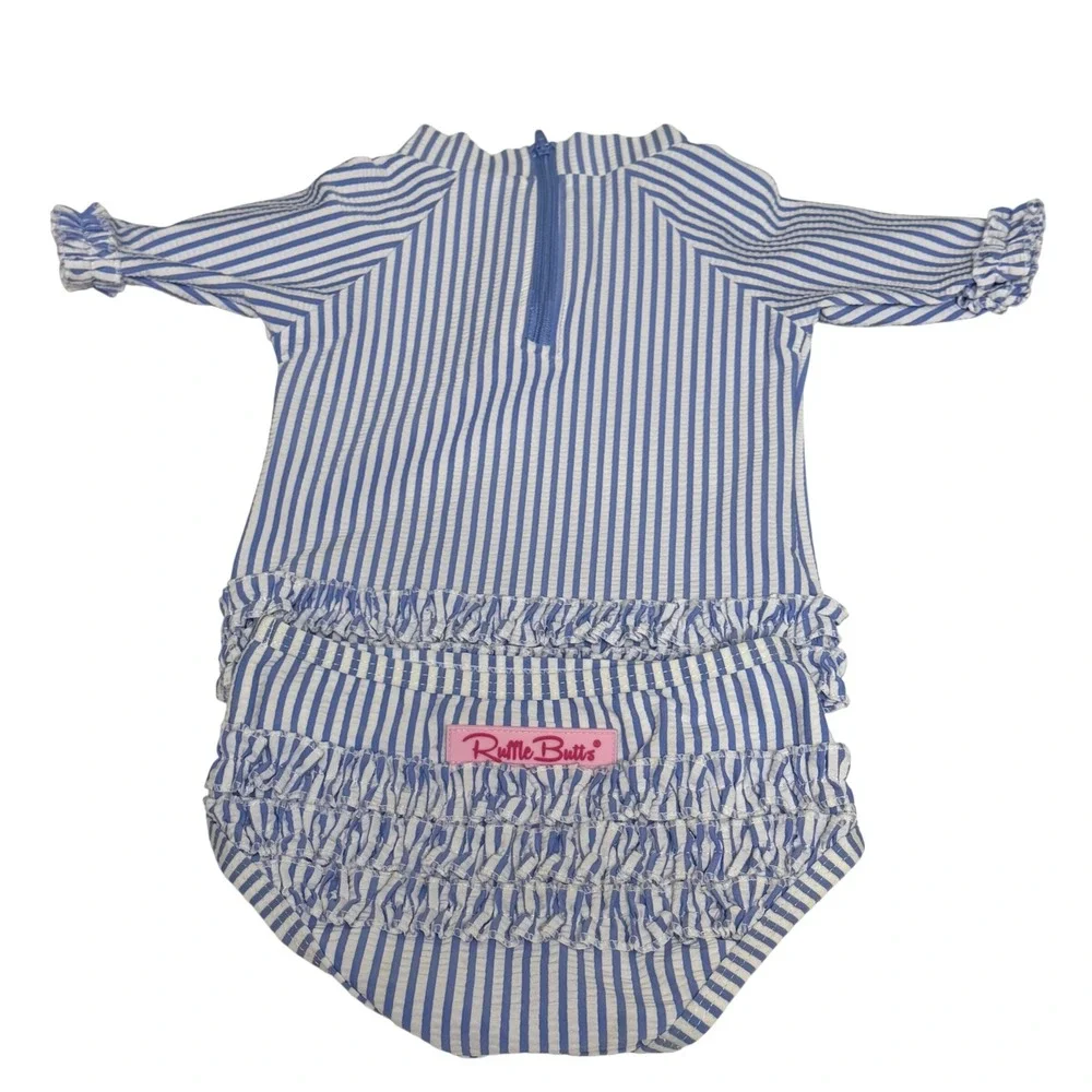 RuffleButts Baby Girl Blue White Seersucker Striped Rash Guard Swimsuit 6-12m
